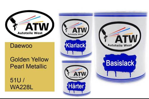 Daewoo, Golden Yellow Pearl Metallic, 51U / WA228L: 1L Lackdose + 1L Klarlack + 500ml Härter - Set, von ATW Autoteile West.